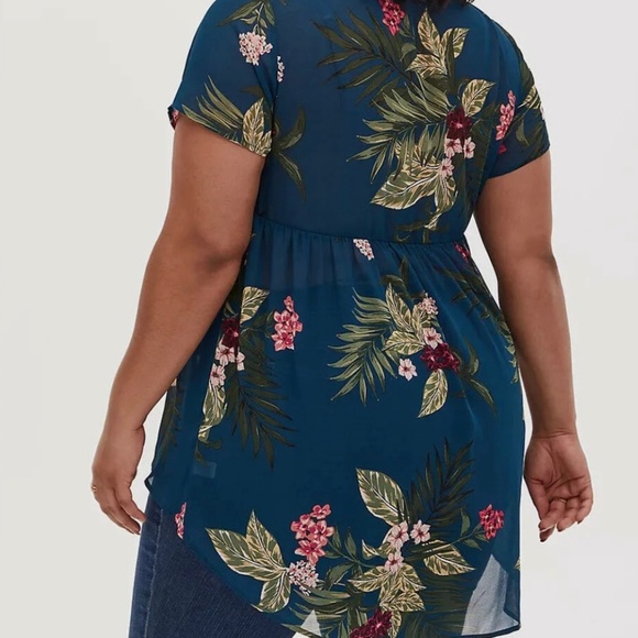 Torrid Tropical Floral Chiffon Hi Lo Babydoll Tunic Sheer Teal Size 0 - Picture 2 of 8